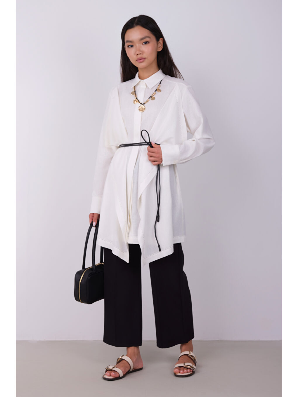 Geniş Parçalı Tasarım Gömlek Ekru-1