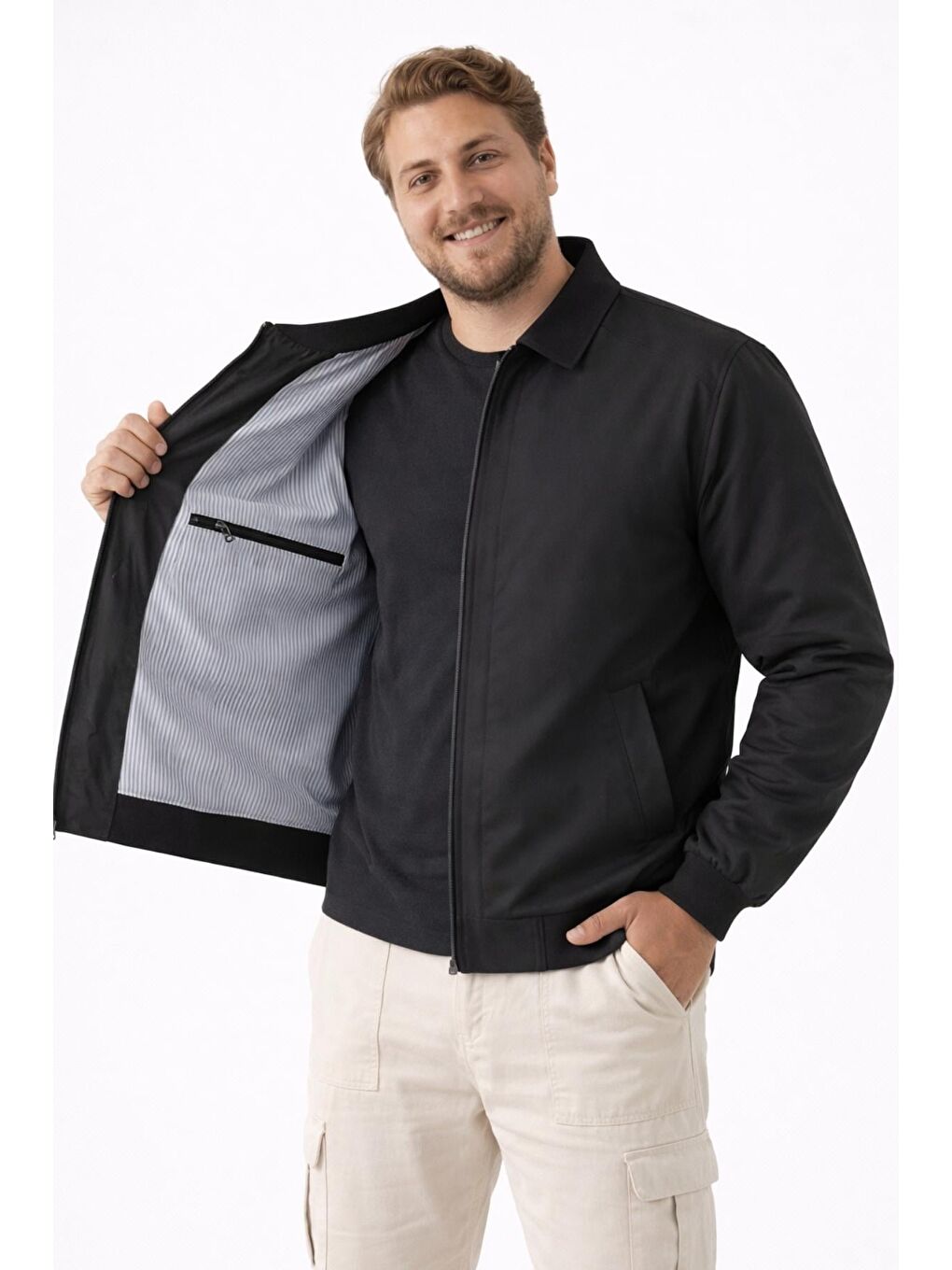 Siyah Erkek Dik Yaka Fermuarlı Basic Bomber Mont Ceket-1