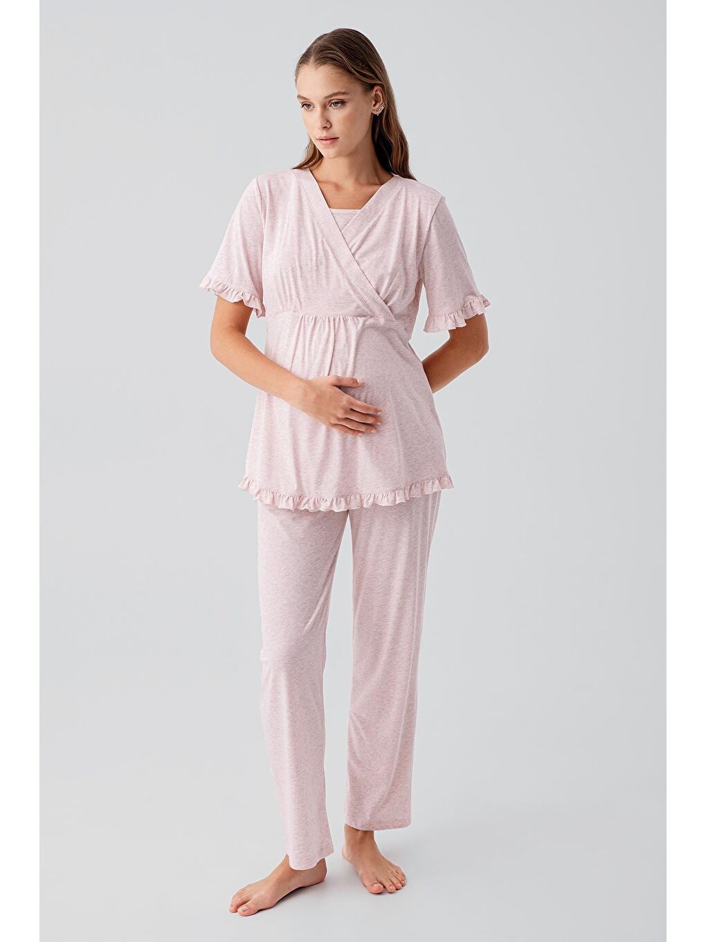 Pembe Kısa Kollu Emzirme Bölmeli Ayarlanabilir Bel Pamuklu Hamile Pijama Takım 19218-1