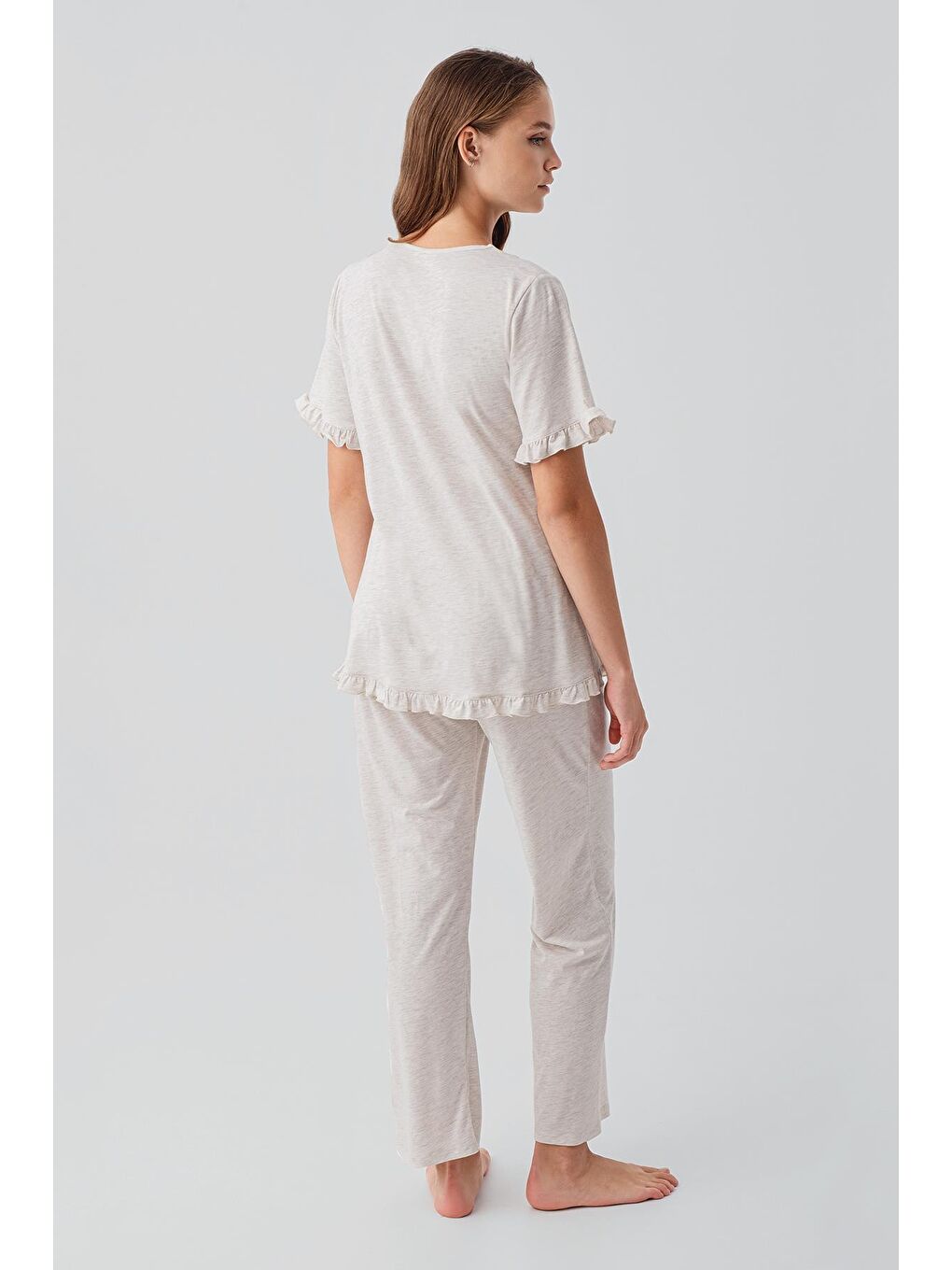 Bej Kısa Kollu Emzirme Bölmeli Ayarlanabilir Bel Pamuklu Hamile Pijama Takım 19218-4