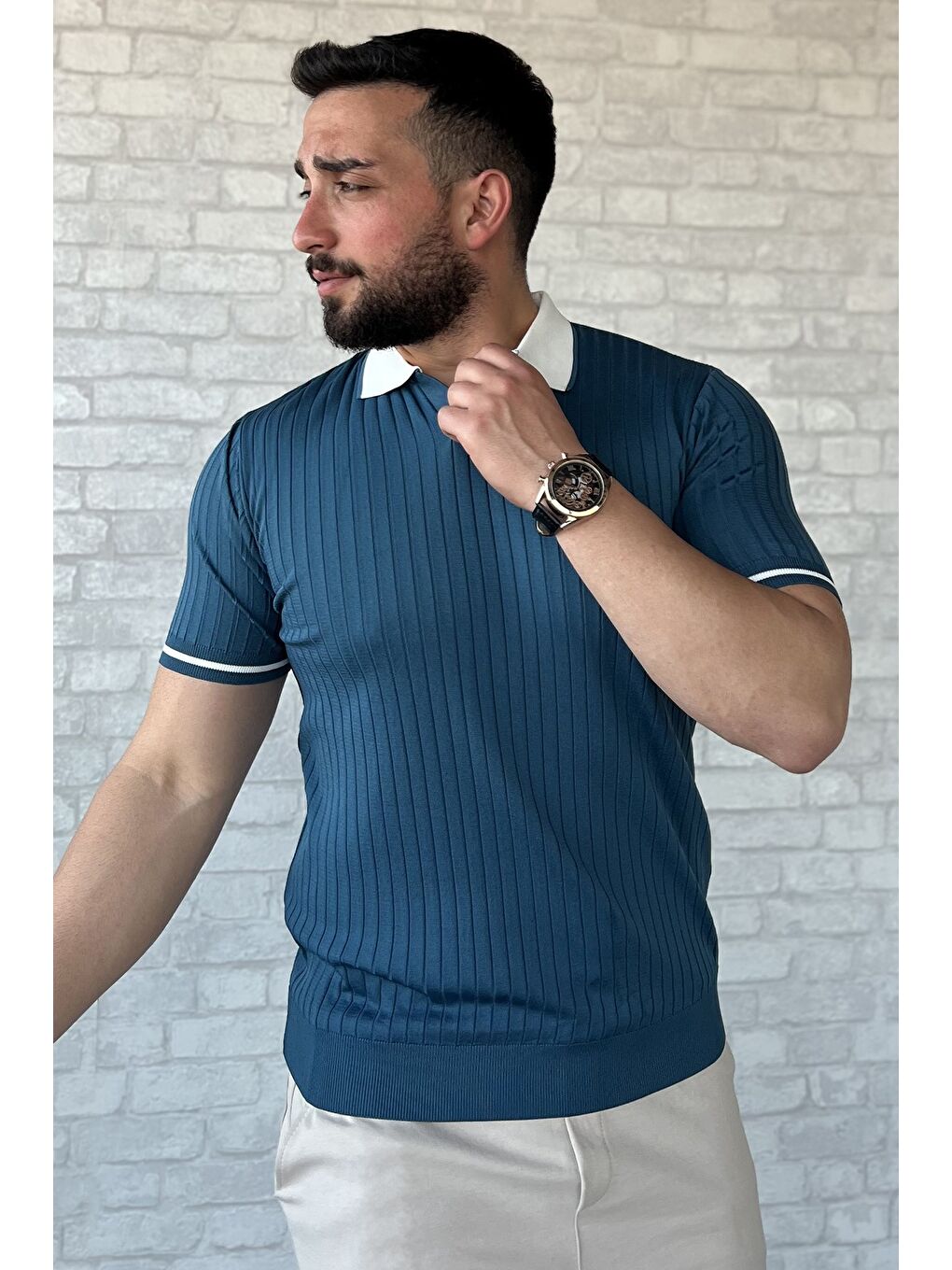 Petrol Erkek Polo Yaka Kendinden Çizgi Desenli Triko Tişört-1