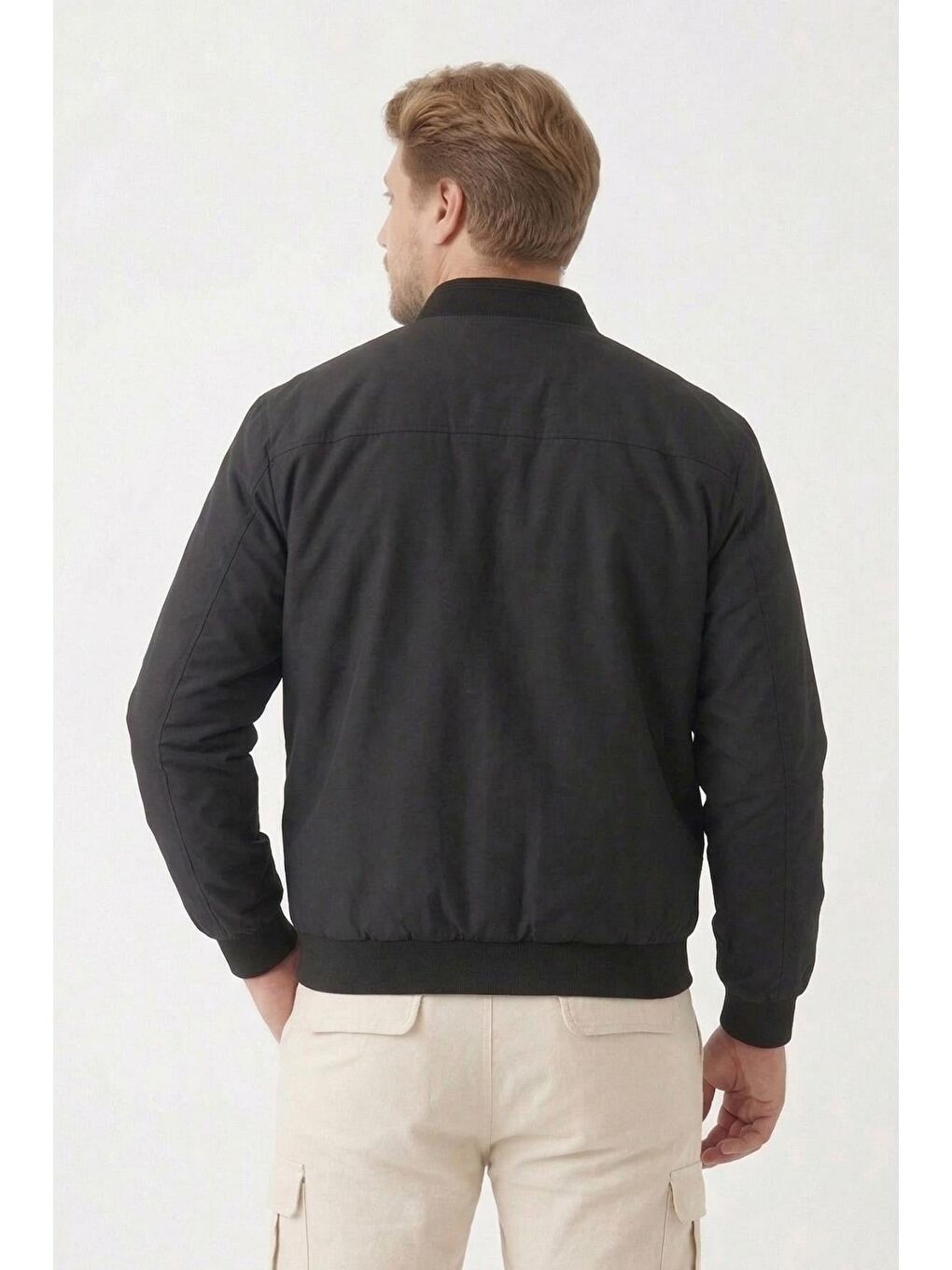 Siyah Erkek Dik Yaka Fermuarlı Basic Bomber Mont Ceket-2