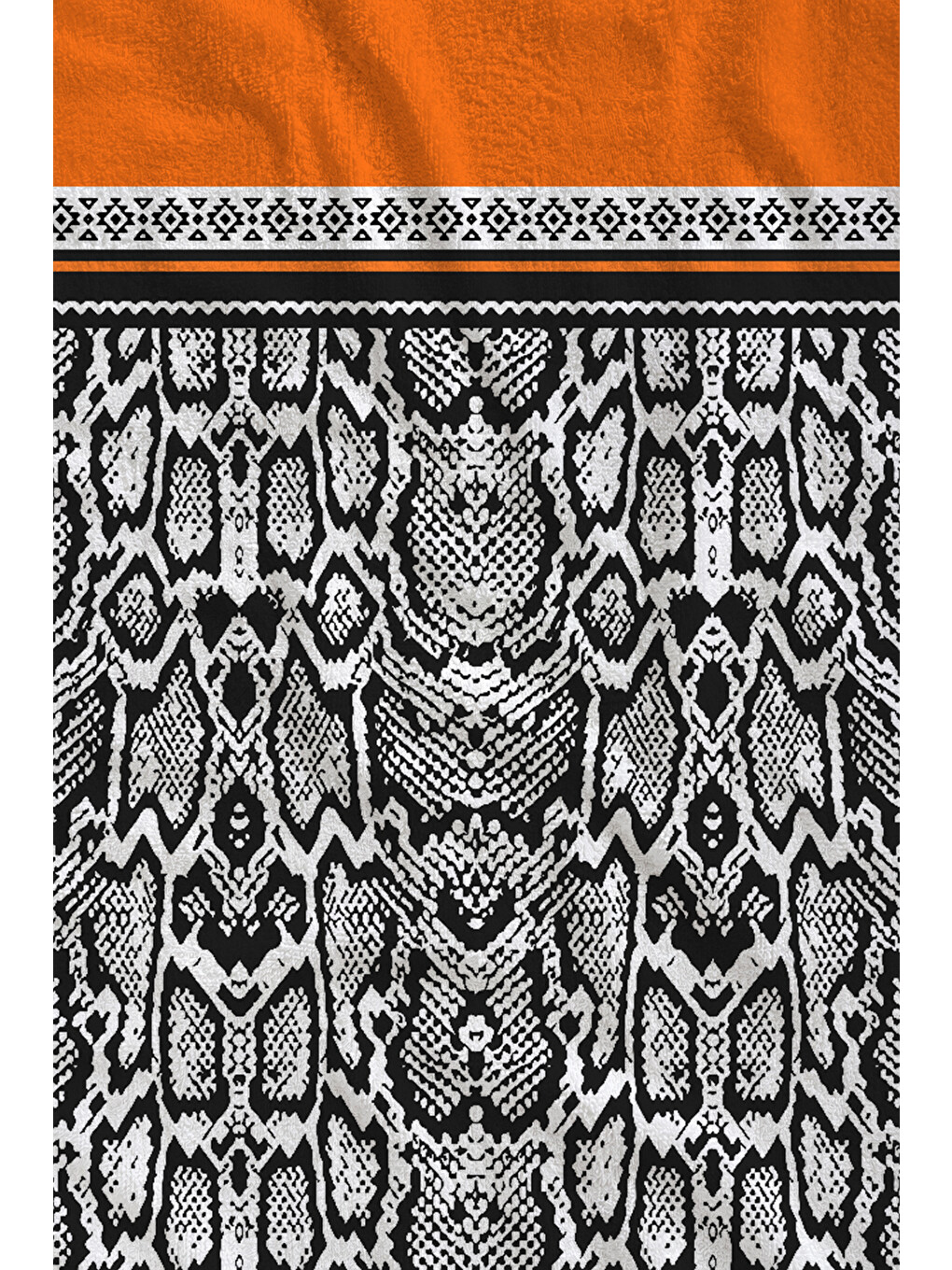Turuncu Siyah Beyaz Etnik Bordür Desenli 70x150 Cm Dijital Baskılı Plaj Ve Banyo Havlusu-1