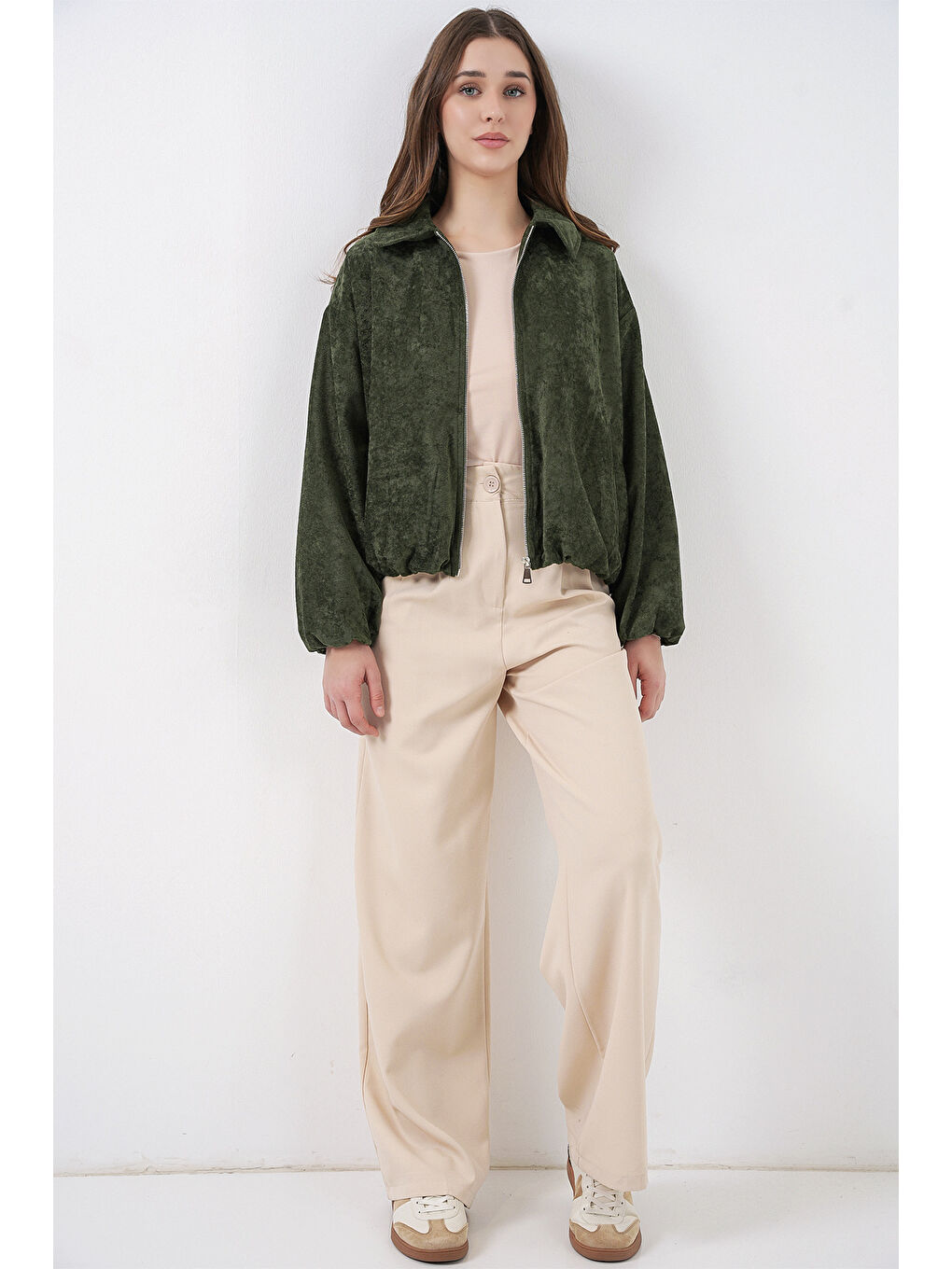Kadın Büzgülü Oversize Kadife Ceket 0733 - Haki-1