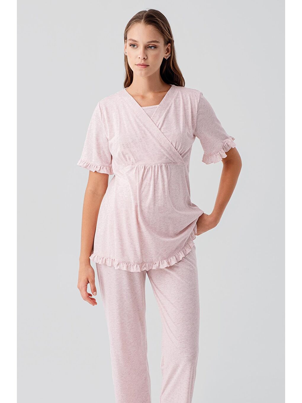 Pembe Kısa Kollu Emzirme Bölmeli Ayarlanabilir Bel Pamuklu Hamile Pijama Takım 19218-2