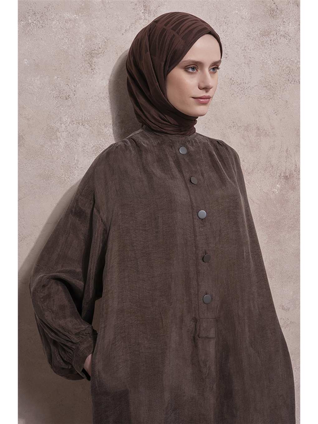 Kahverengi Oversize Kupra Elbise Kakao-6