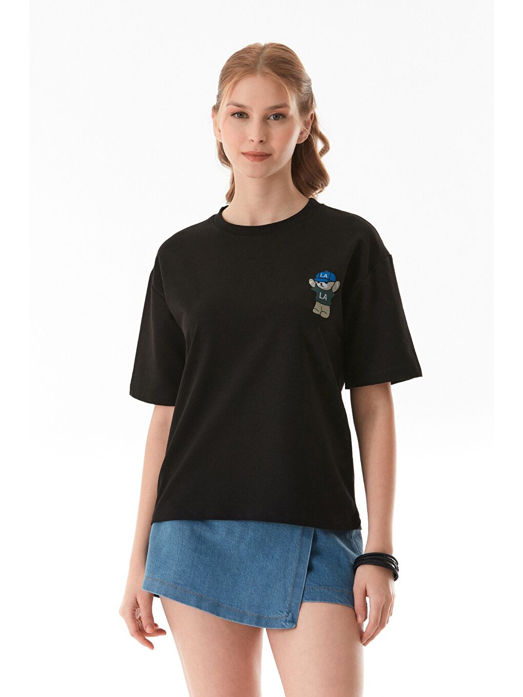 Siyah Ayıcık Baskılı Oversize Tişört