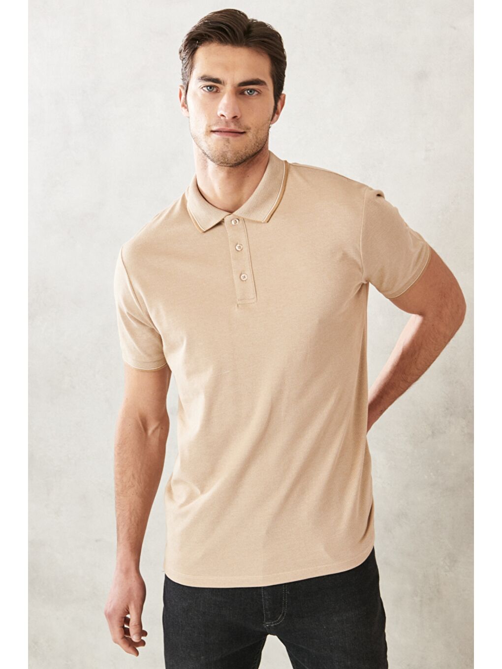 Beyaz Erkek BEYAZ-LACIVERT-ACIK BEJ-KIREMIT-MOR 5'li Paket  Pamuklu Kumaş Slim Fit Polo Yaka Tişört-4