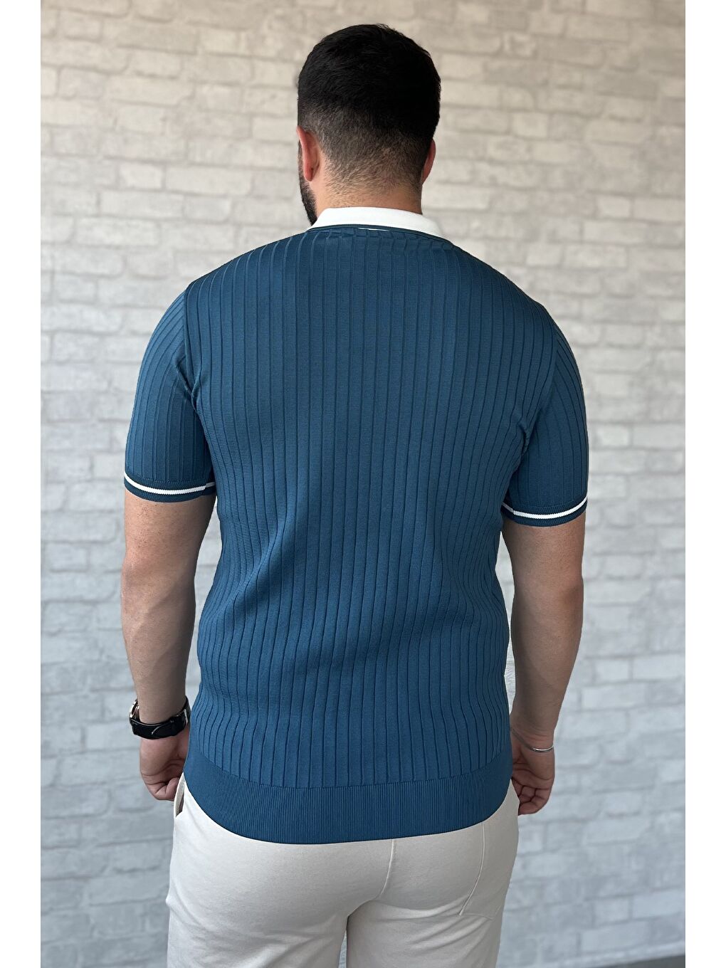 Petrol Erkek Polo Yaka Kendinden Çizgi Desenli Triko Tişört-2