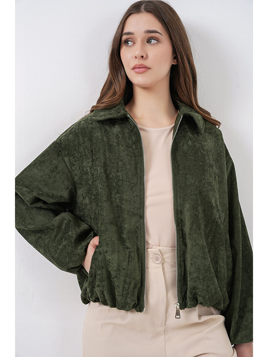 Kadın Büzgülü Oversize Kadife Ceket 0733 - Haki-2