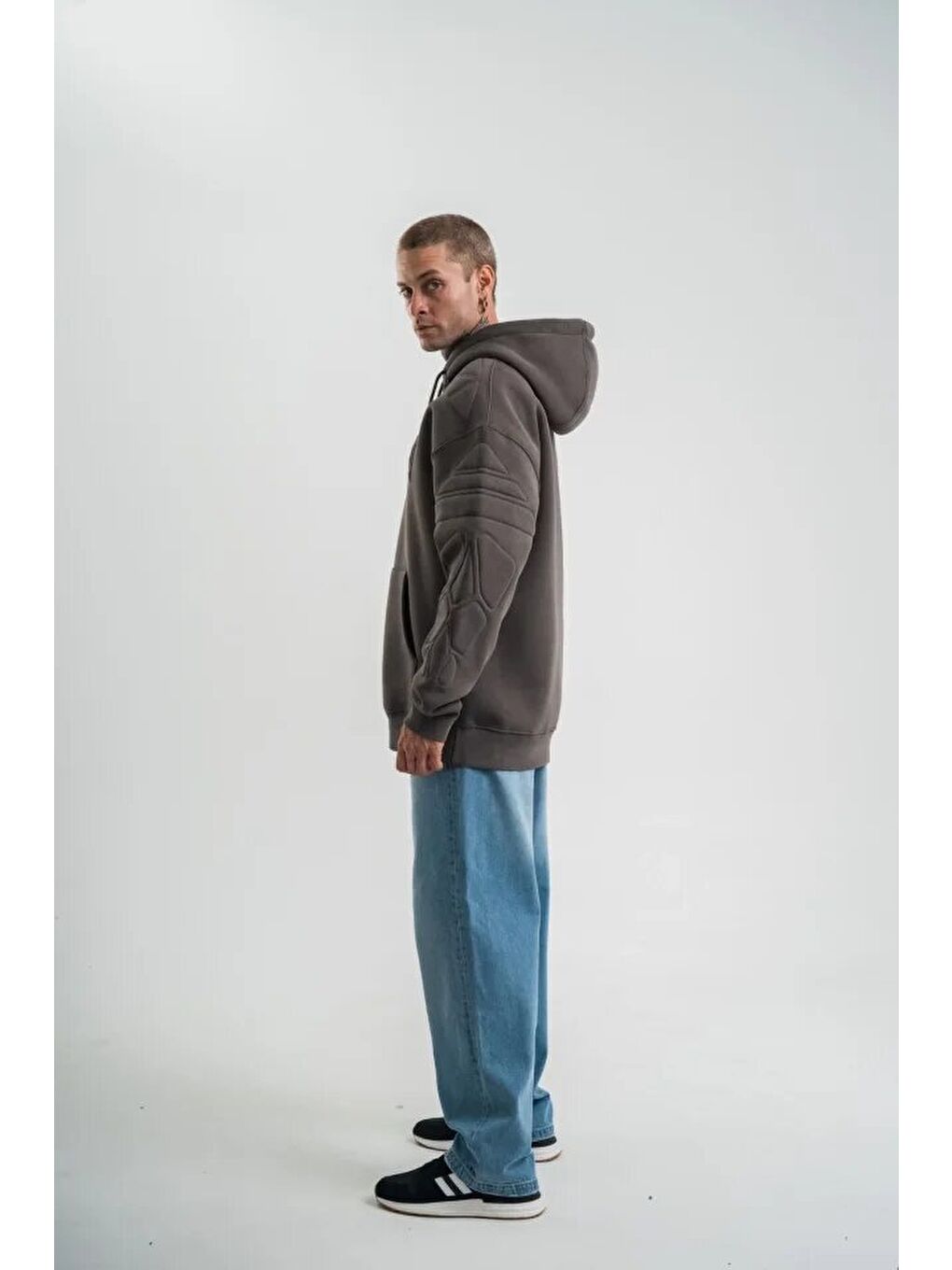 Gri Erkek Nakış İşlemeli Kapüşonlu Antrasit Sweatshirt Üç İplik Double Oversize-1