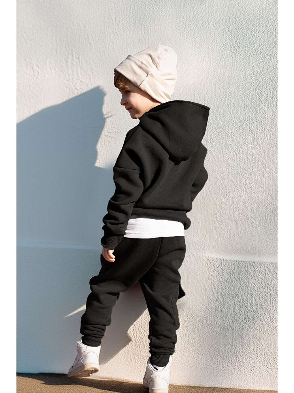 Siyah 3 İplik Şardonlu Kapüşonlu Eşofman Takım-1