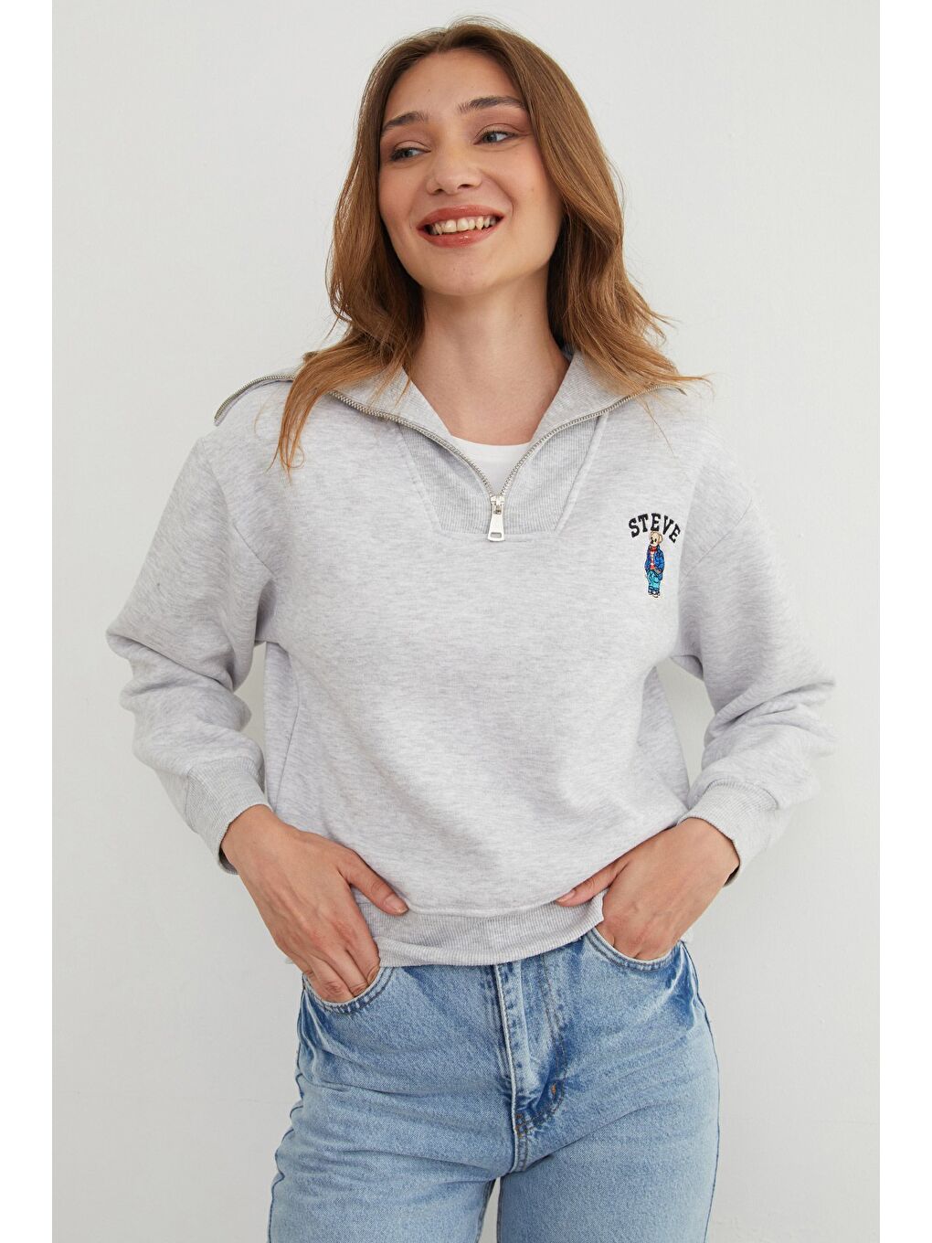 Gri 3 İplik Ayıcık Nakışlı Yarım Fermuarlı Sweatshirt-2