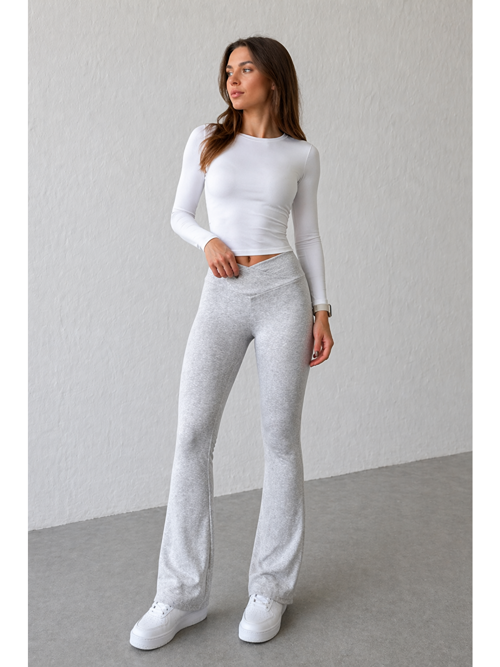 Gri Kadın Ekstra Yüksek Bel Toparlayıcı İspanyol Paça Ribana Kumaş Esnek Spor Rahat Günlük Tayt-1