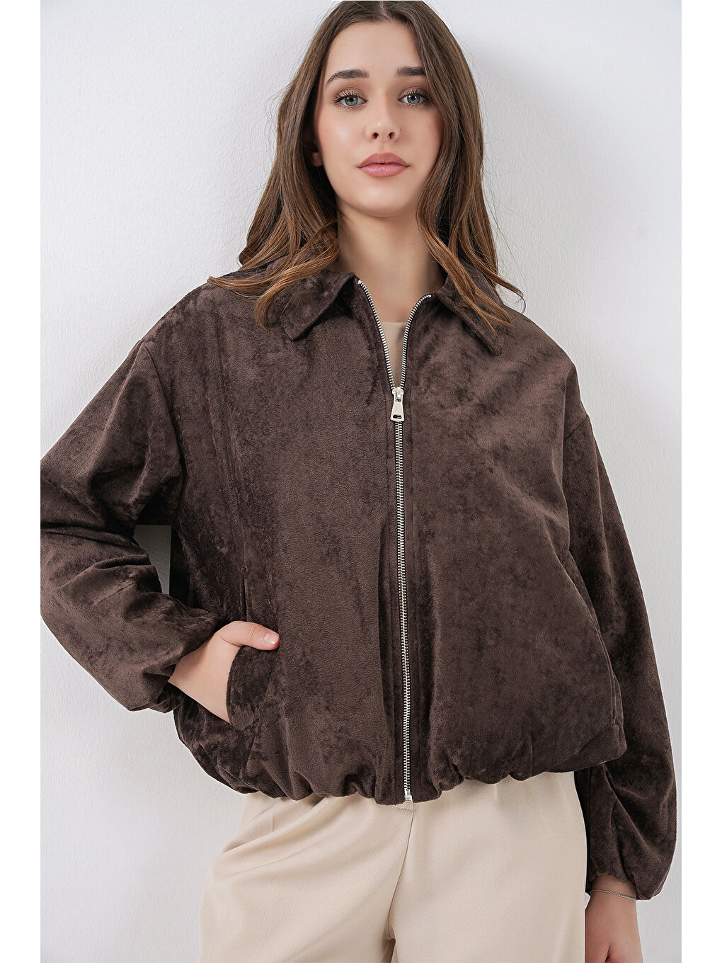 Kadın Büzgülü Oversize Kadife Ceket 0733 - Kahverengi