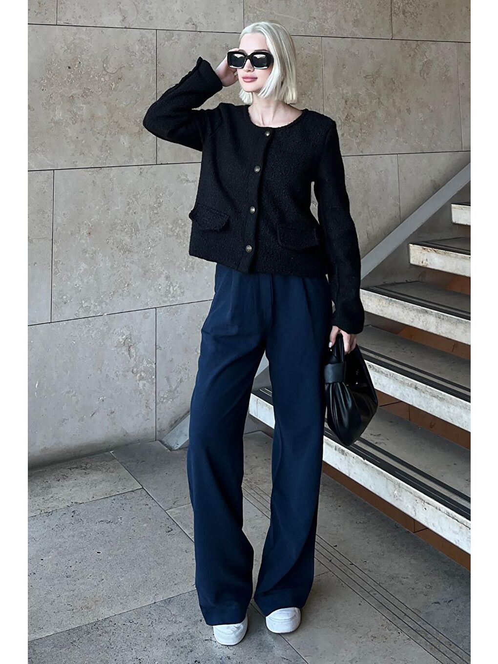 Siyah Düğmeli Buklet Triko Cep Detaylı Ceket Mg2170-5