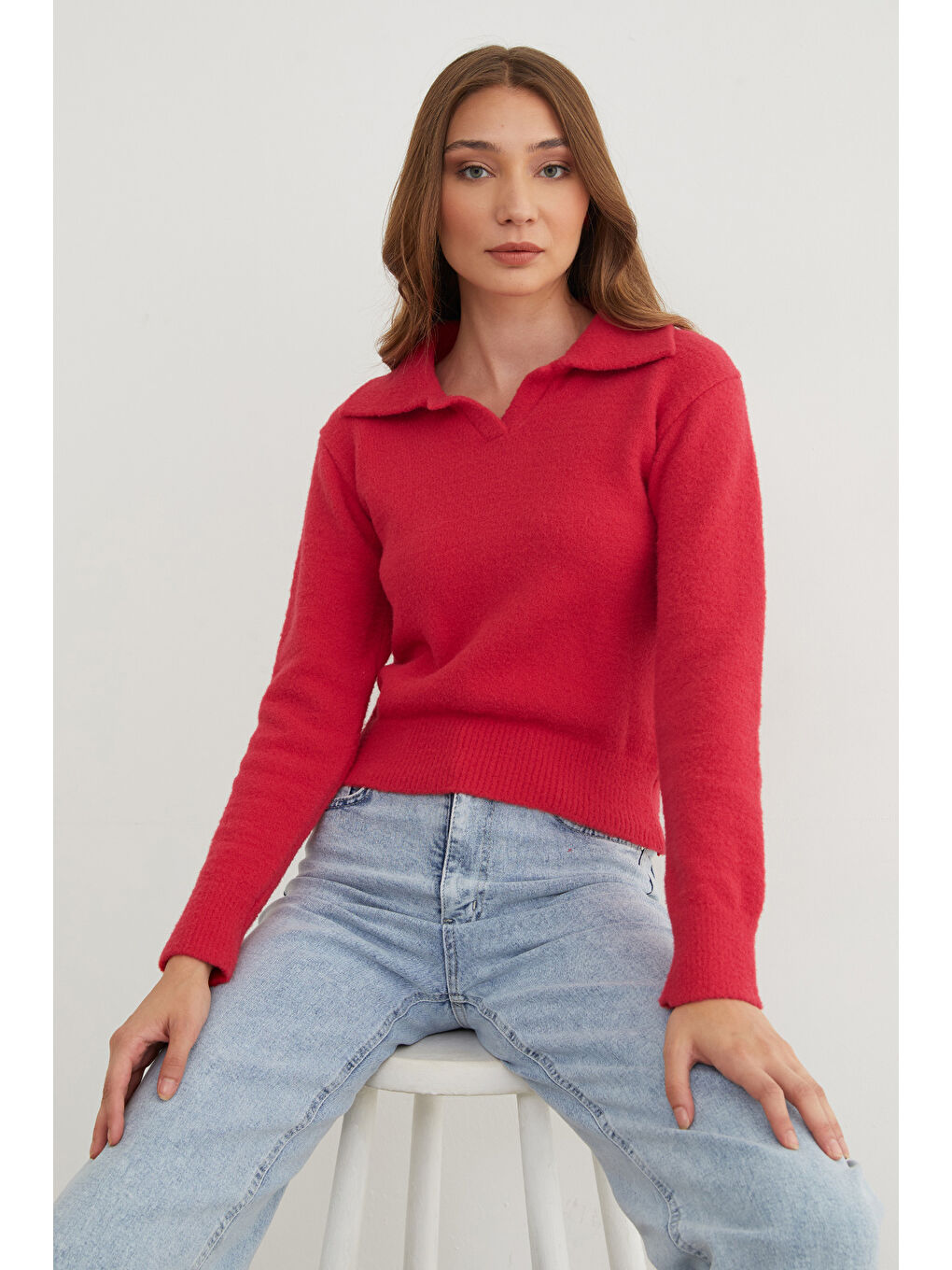 Kırmızı Basic Gömlek Yaka Sakallı Kazak-1