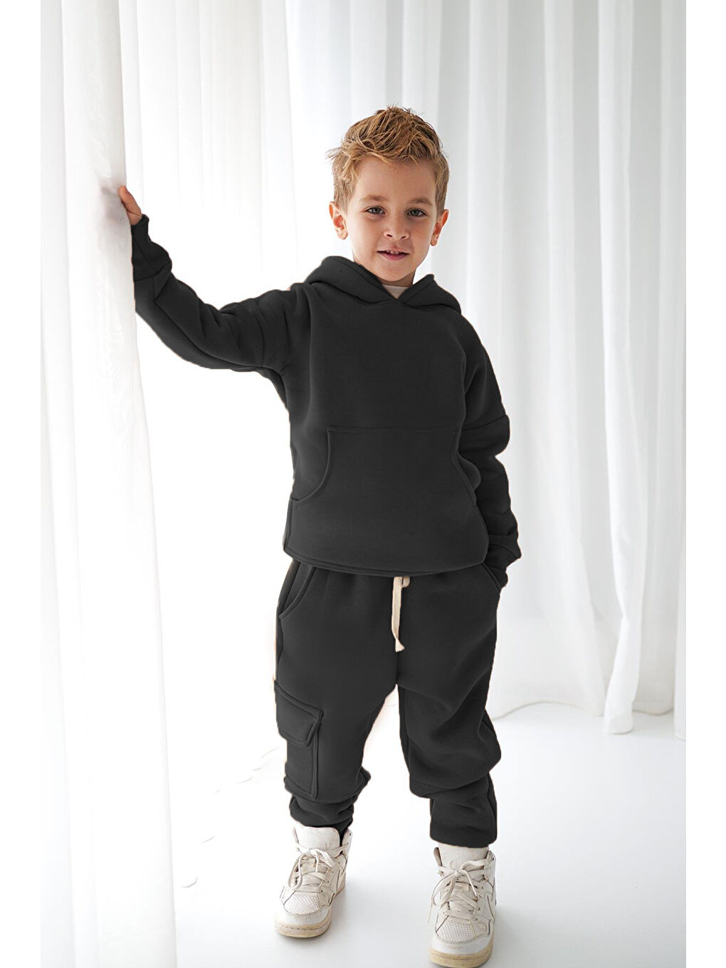 Siyah 3 İplik Şardonlu Kapüşonlu Eşofman Takım-2