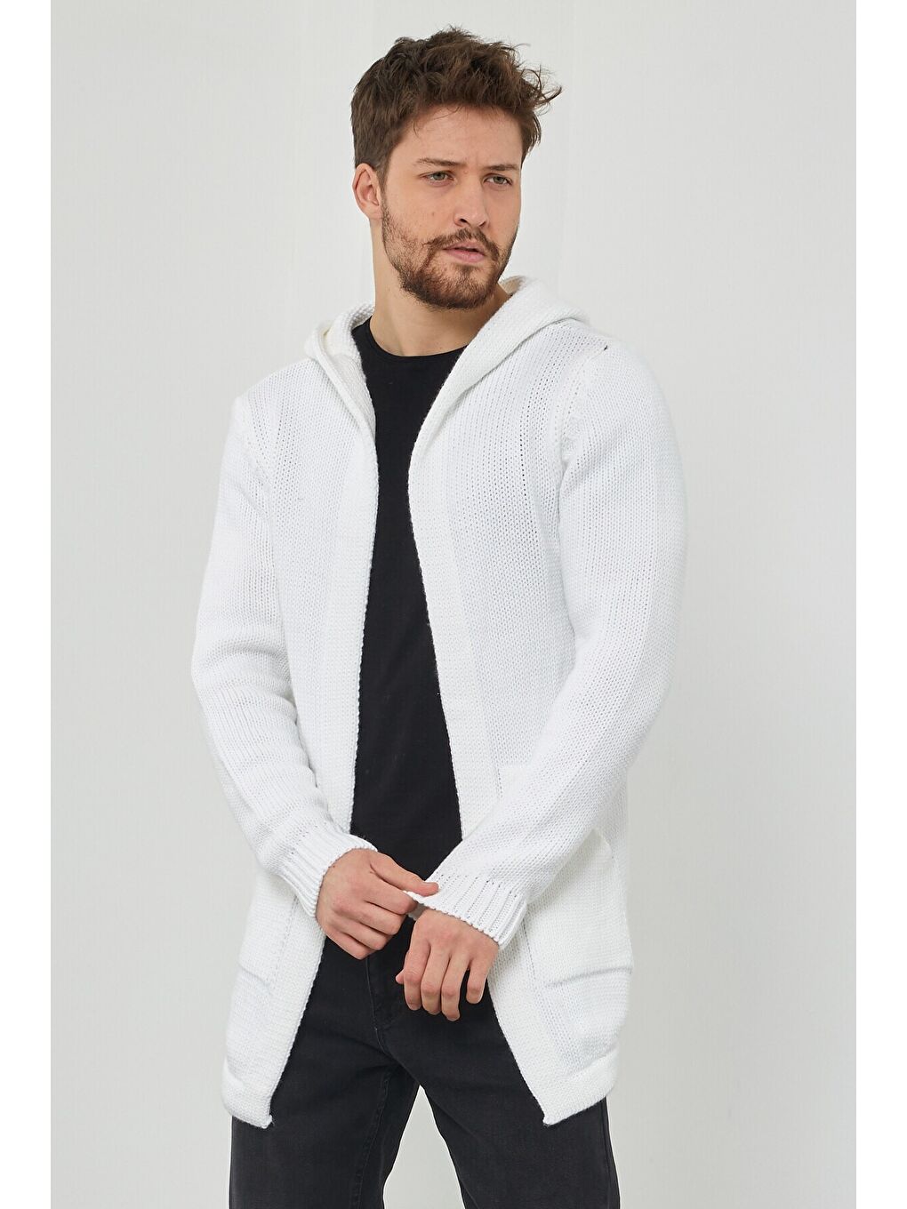 Beyaz Erkek Desenli Triko Hırka- Hrk8085r01s-1