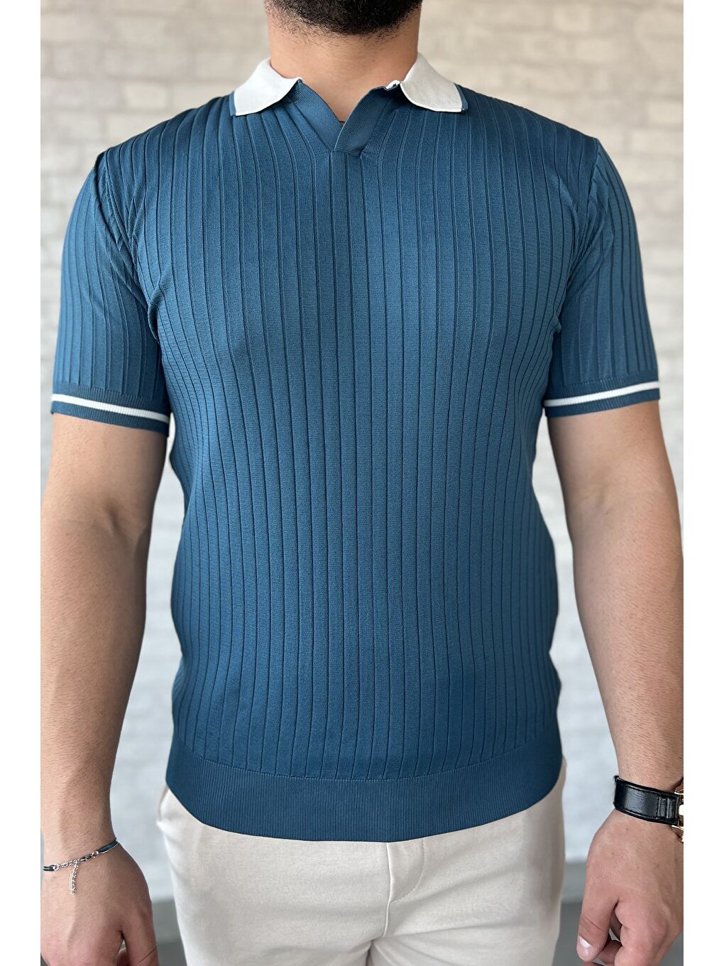 Petrol Erkek Polo Yaka Kendinden Çizgi Desenli Triko Tişört-3