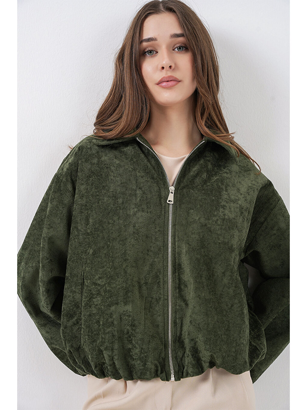 Kadın Büzgülü Oversize Kadife Ceket 0733 - Haki-3