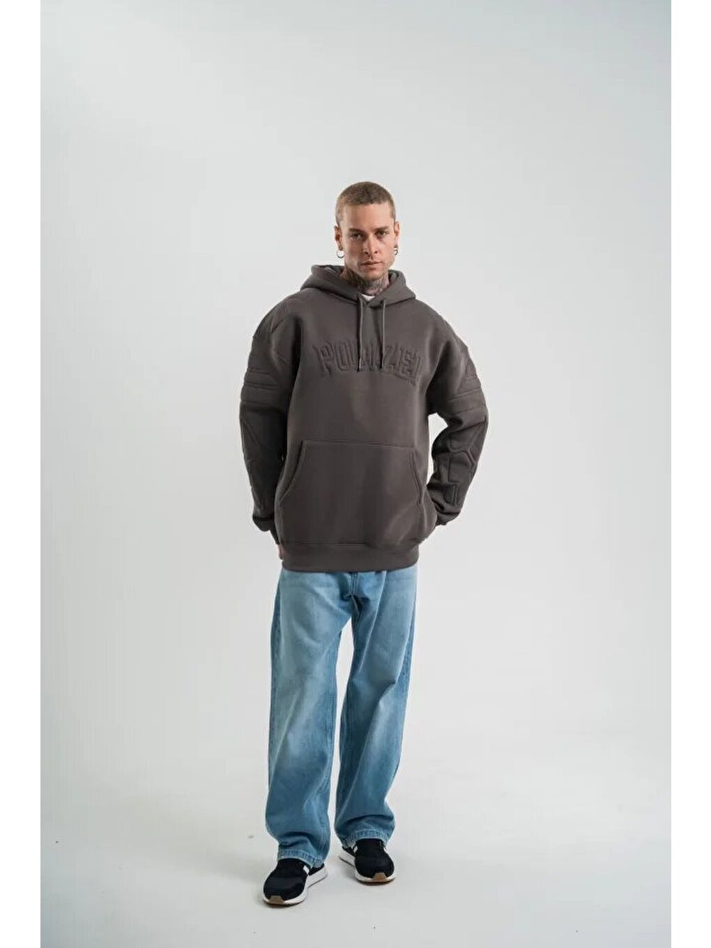 Gri Erkek Nakış İşlemeli Kapüşonlu Antrasit Sweatshirt Üç İplik Double Oversize-2