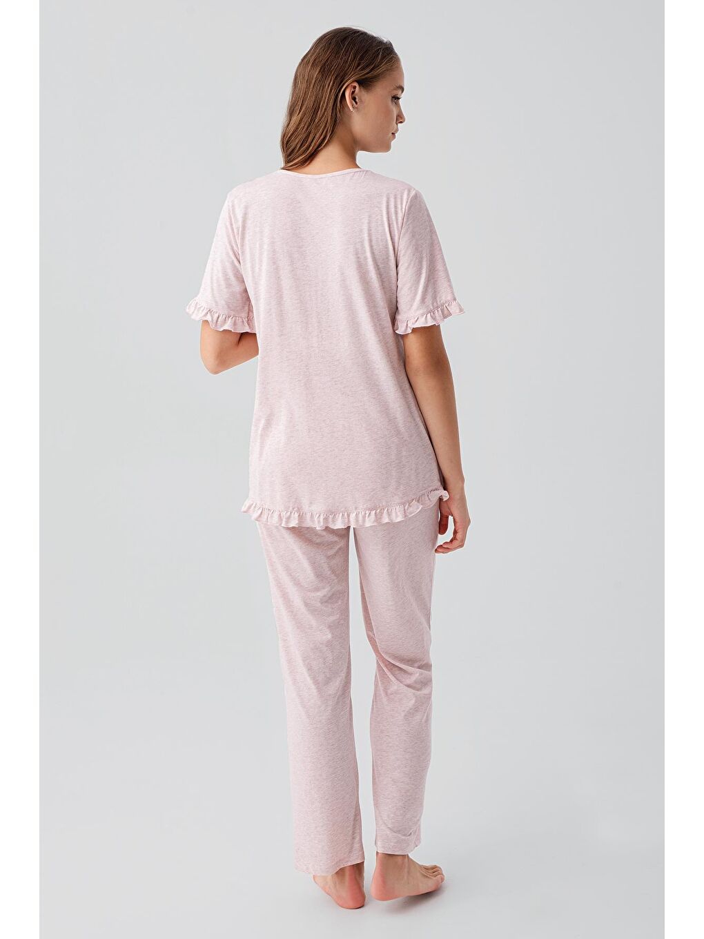 Pembe Kısa Kollu Emzirme Bölmeli Ayarlanabilir Bel Pamuklu Hamile Pijama Takım 19218-4