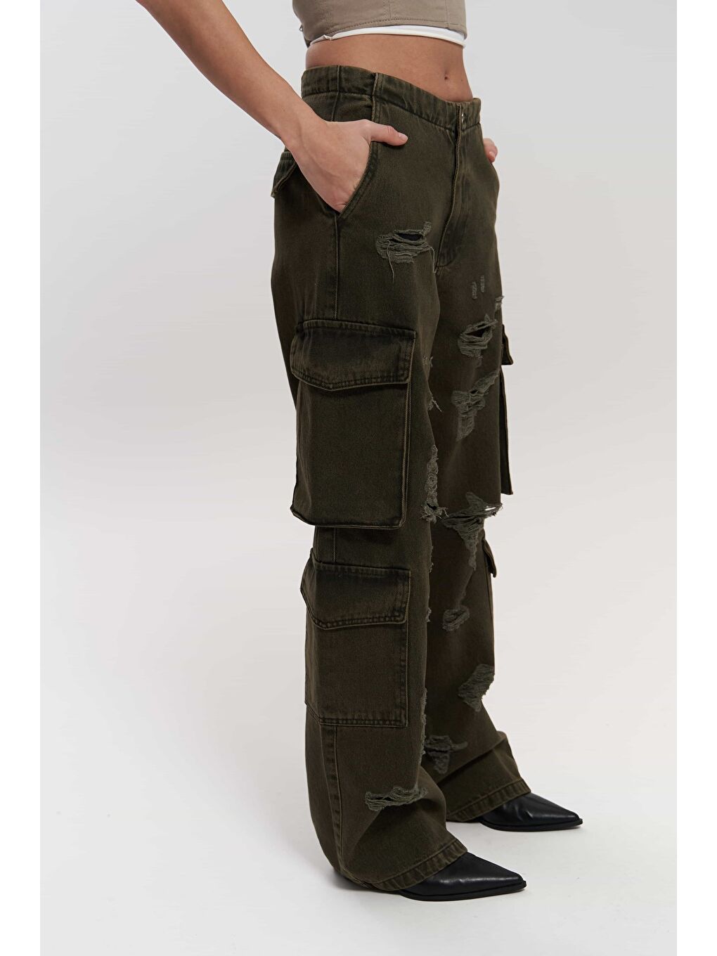 Dries Kirli Yeşil Yırtık Detay Kargo Jean Pantolon-1