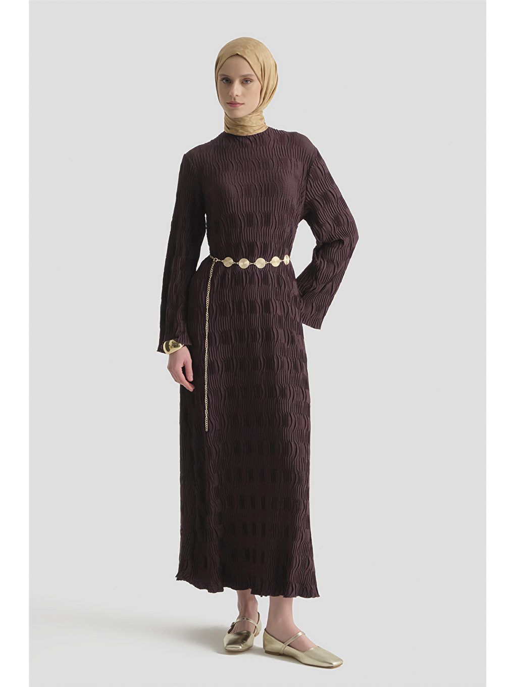 Jakarlı Örme Elbise Mürdüm-1