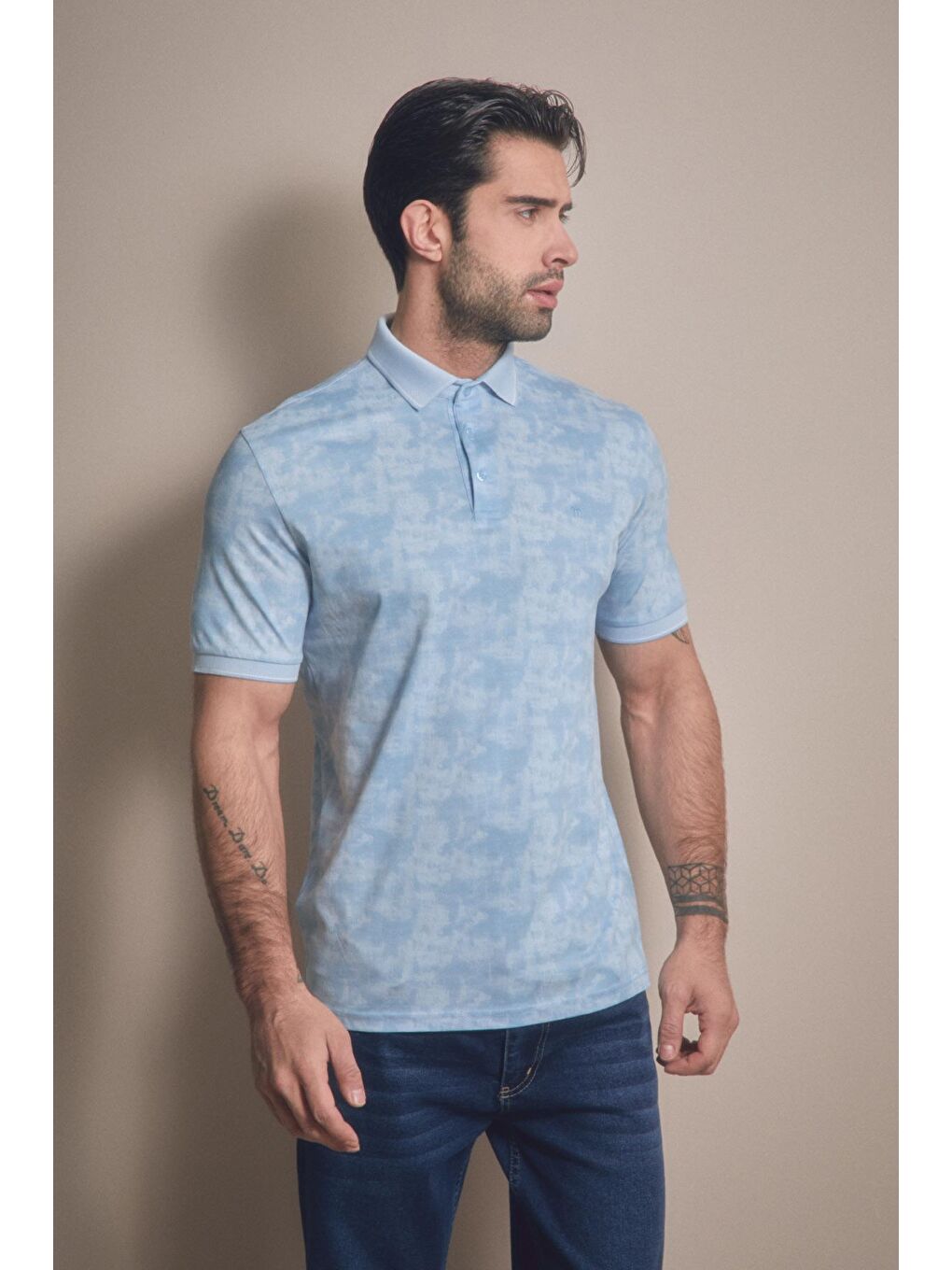 Mavi Baskılı Polo Yaka Tişört-1