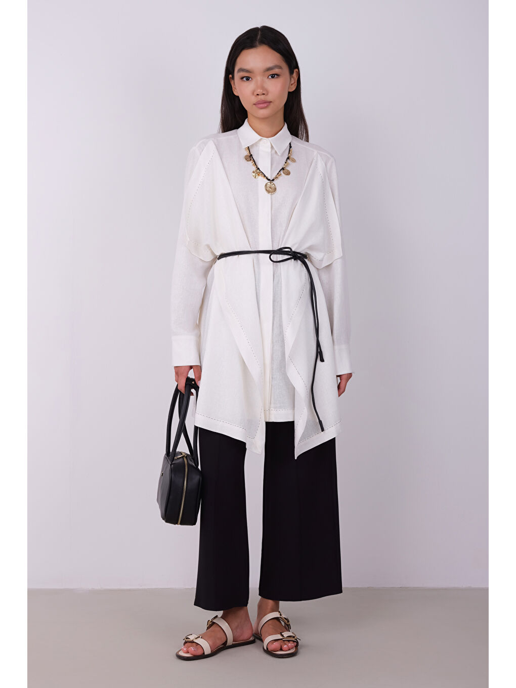 Geniş Parçalı Tasarım Gömlek Ekru-2