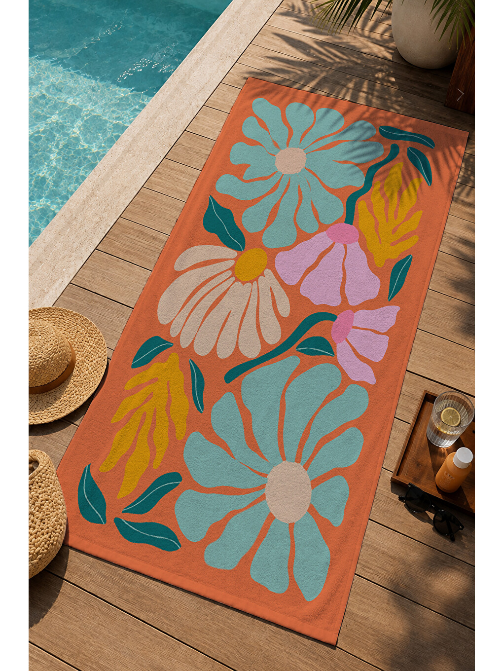 Turuncu Renkli Büyük Soyut Çiçek Desenli 70x150 Cm Dijital Baskılı Plaj Ve Banyo Havlusu-2