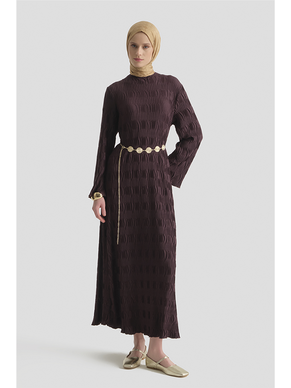 Jakarlı Örme Elbise Mürdüm-2