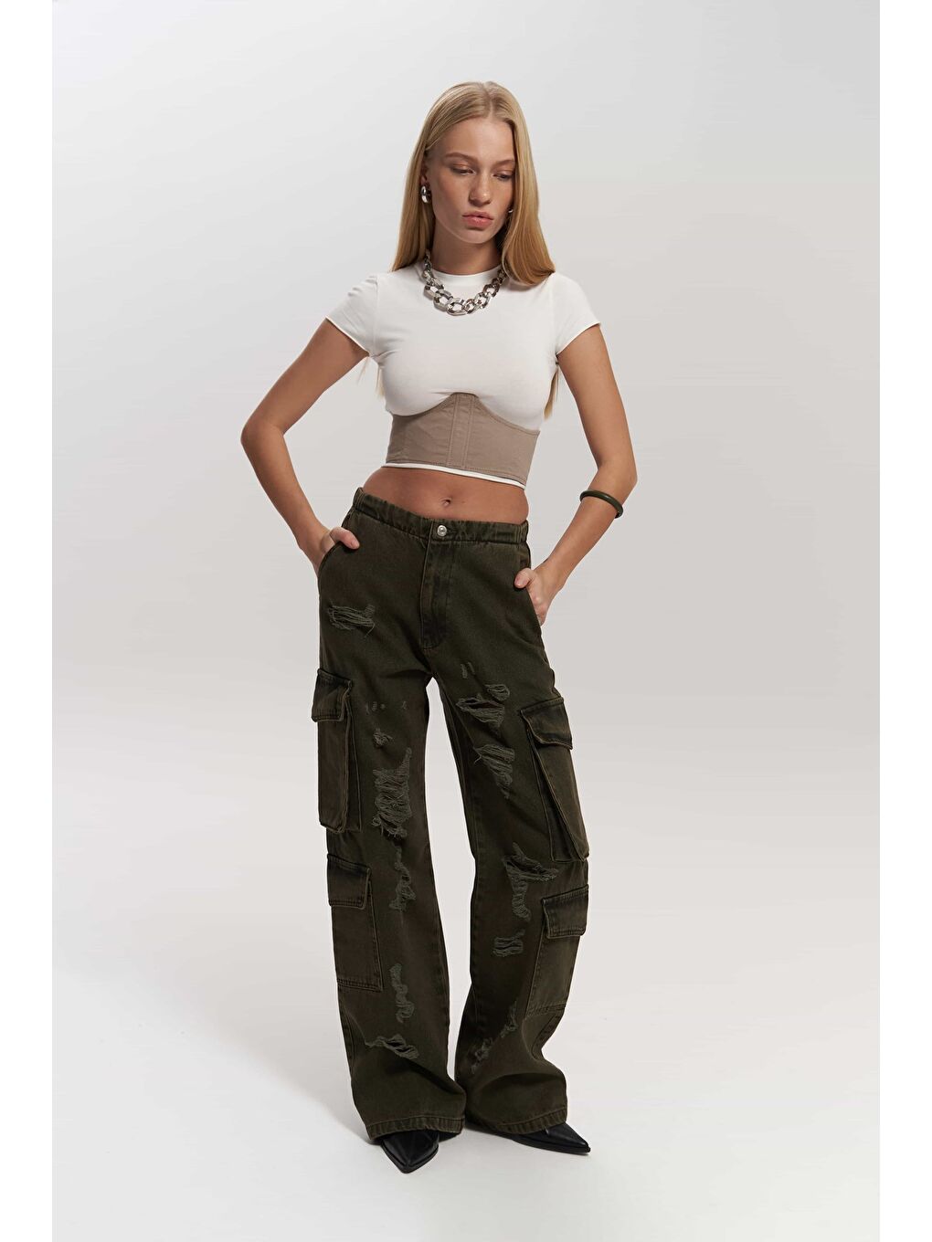 Dries Kirli Yeşil Yırtık Detay Kargo Jean Pantolon-5
