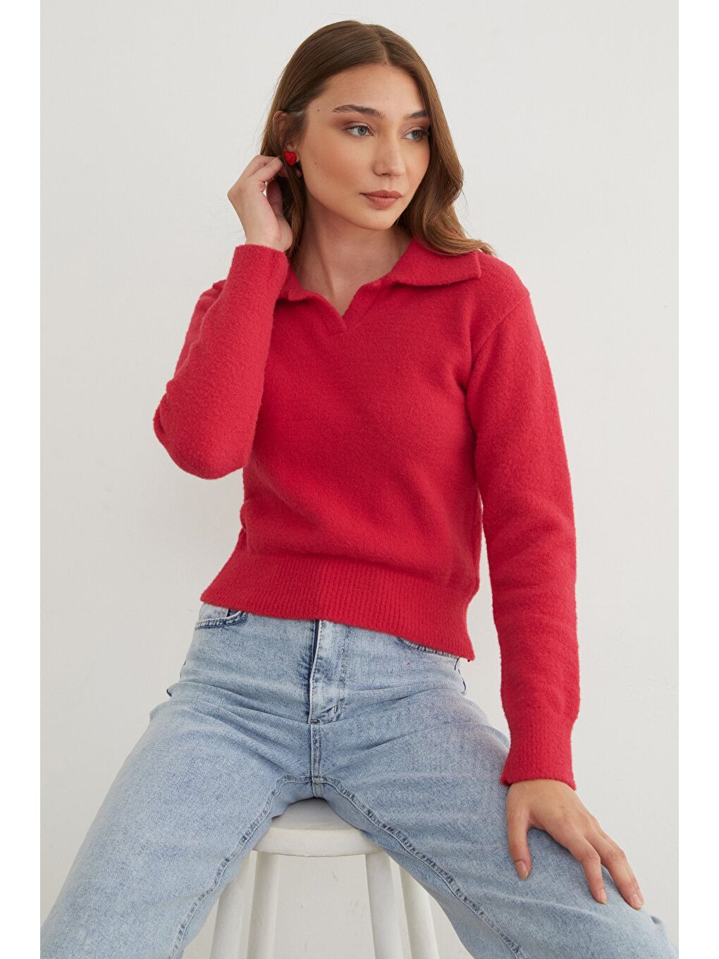 Kırmızı Basic Gömlek Yaka Sakallı Kazak-2