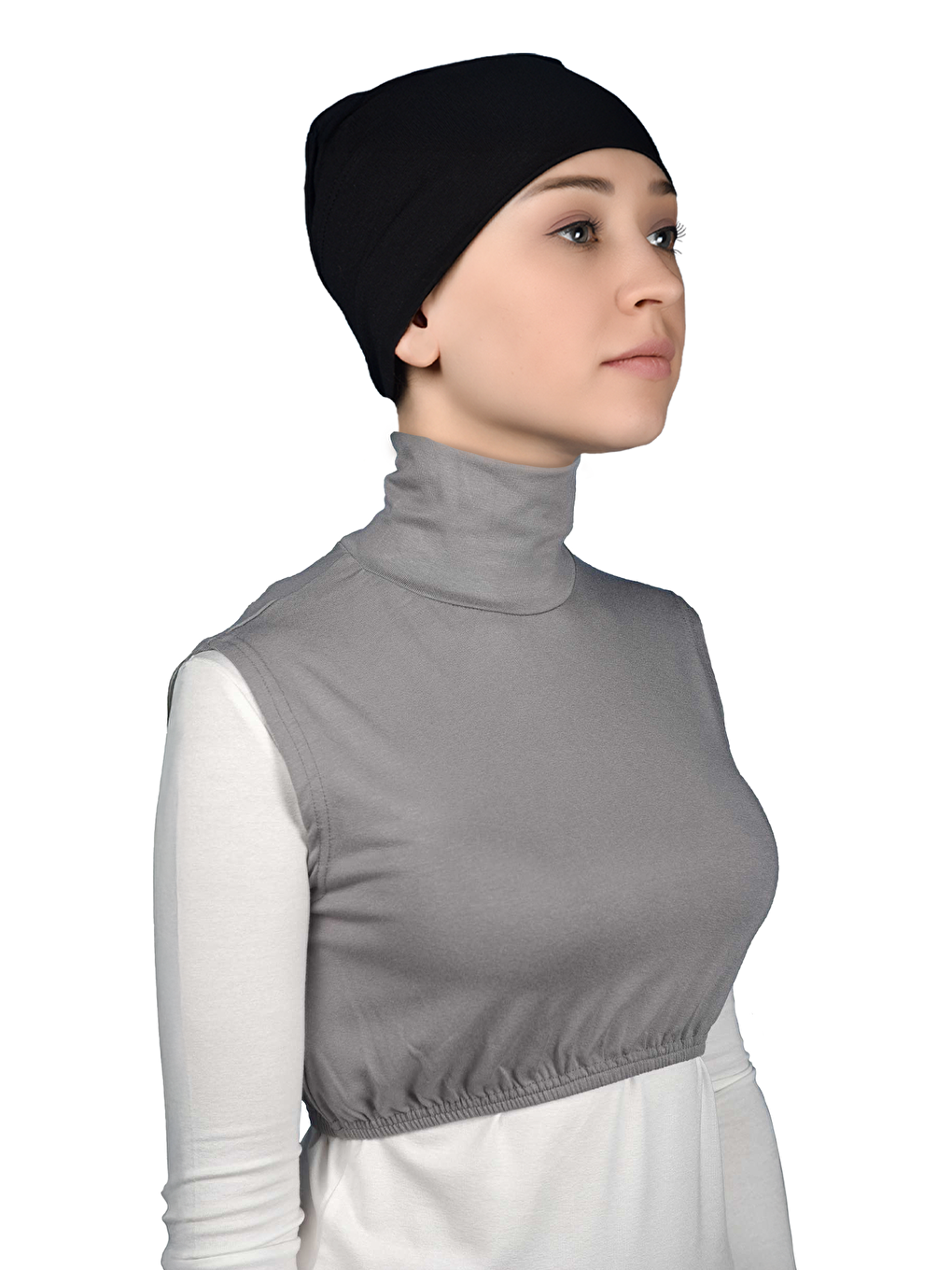 Gri Sıfır Kol Balıkçı Yaka Tam Boğazlı Elastanlı Penye Kadın Yarım Body