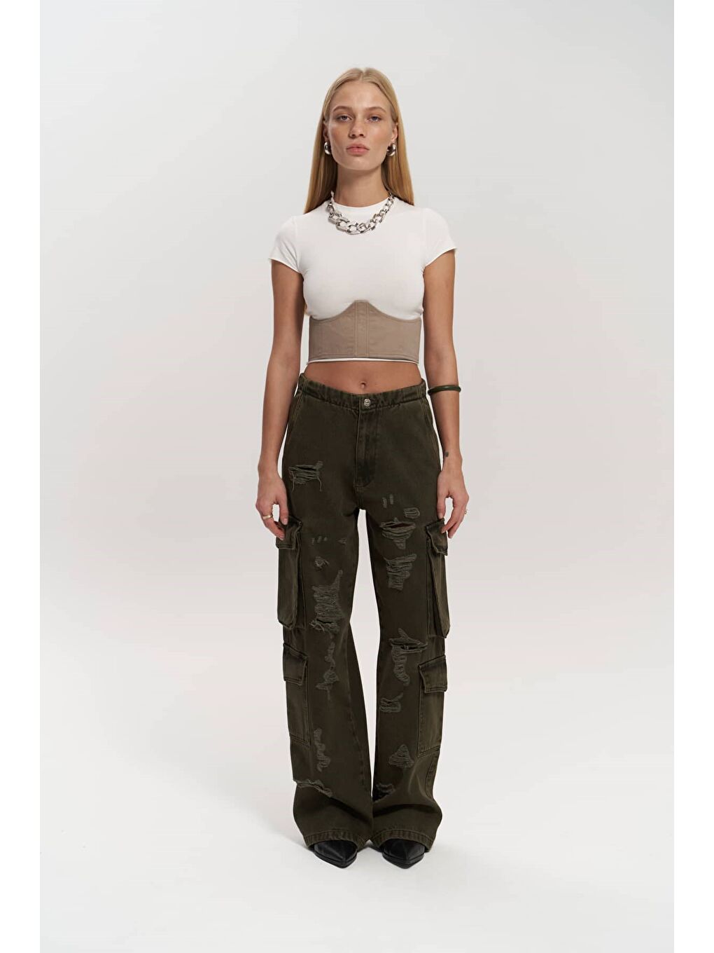 Dries Kirli Yeşil Yırtık Detay Kargo Jean Pantolon-6