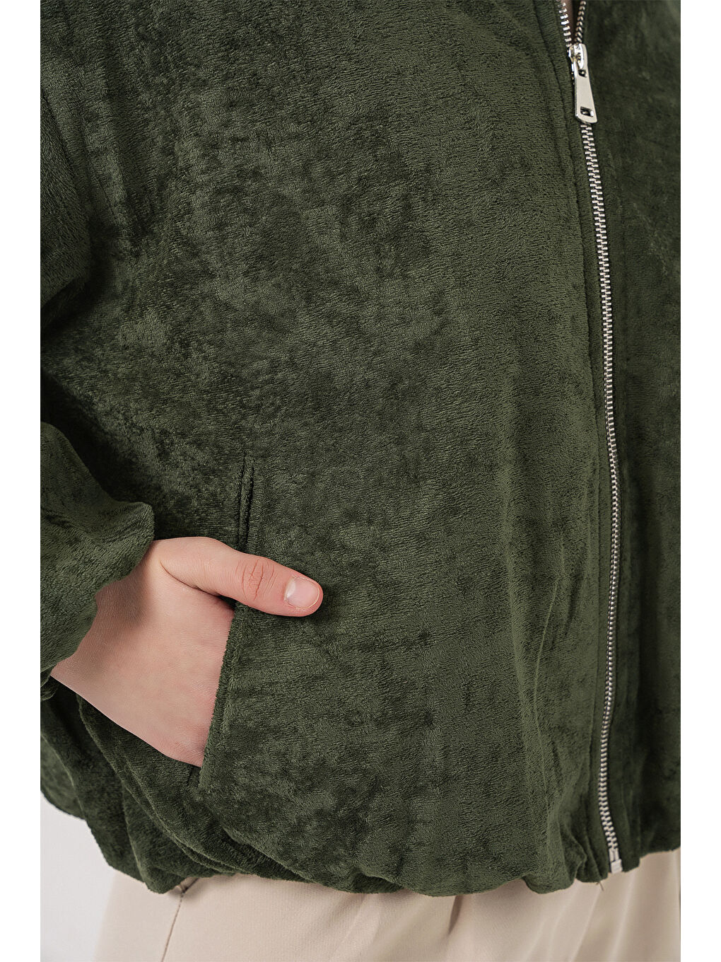 Kadın Büzgülü Oversize Kadife Ceket 0733 - Haki-4