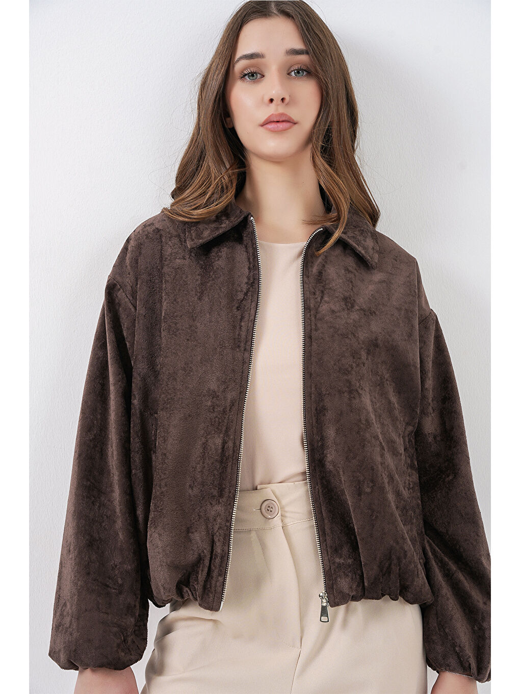 Kadın Büzgülü Oversize Kadife Ceket 0733 - Kahverengi-1