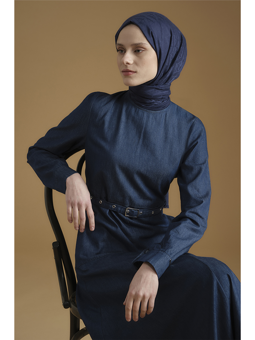 Kemer Detaylı Denim Elbise Lacivert-3