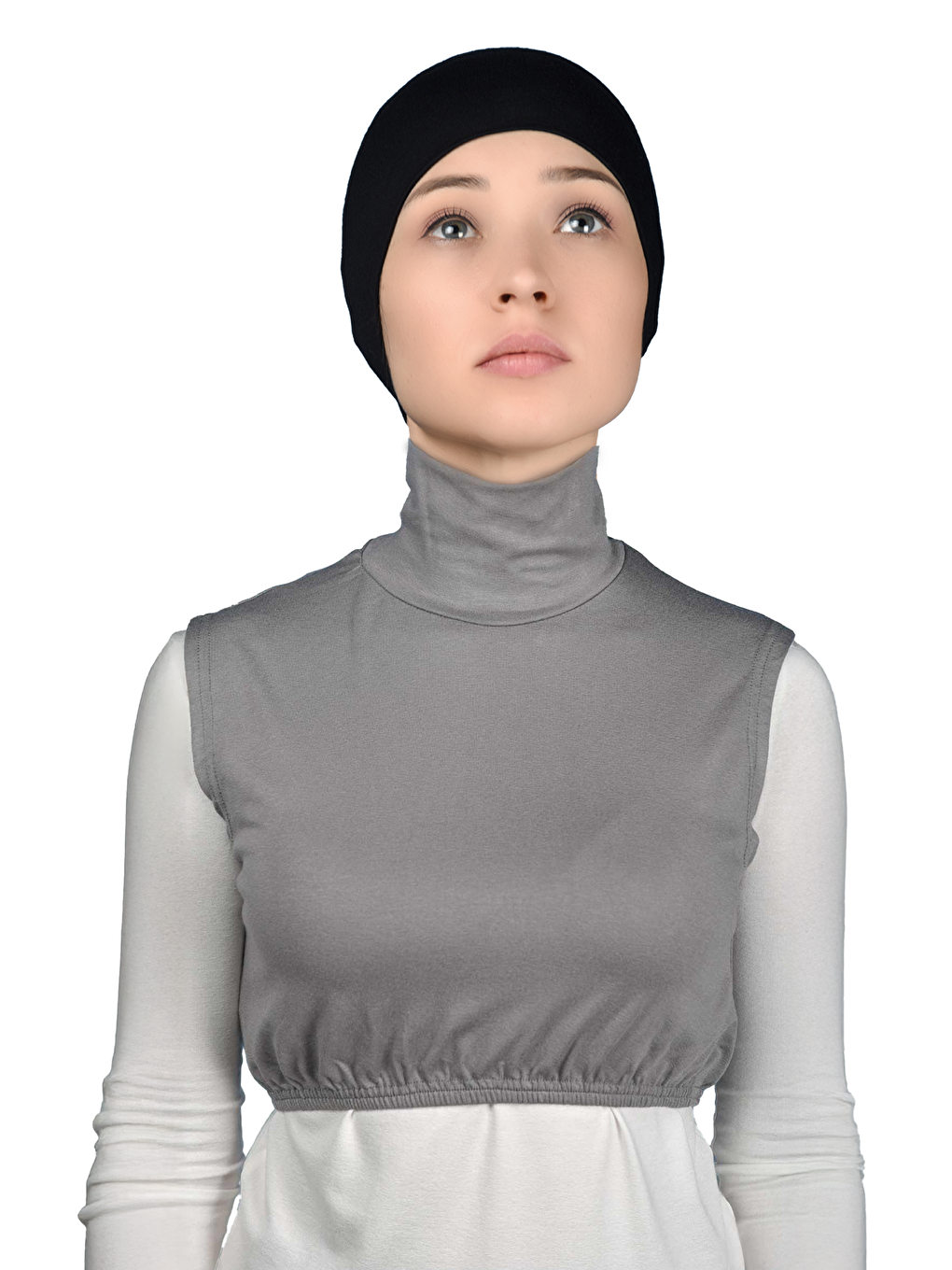 Gri Sıfır Kol Balıkçı Yaka Tam Boğazlı Elastanlı Penye Kadın Yarım Body-1