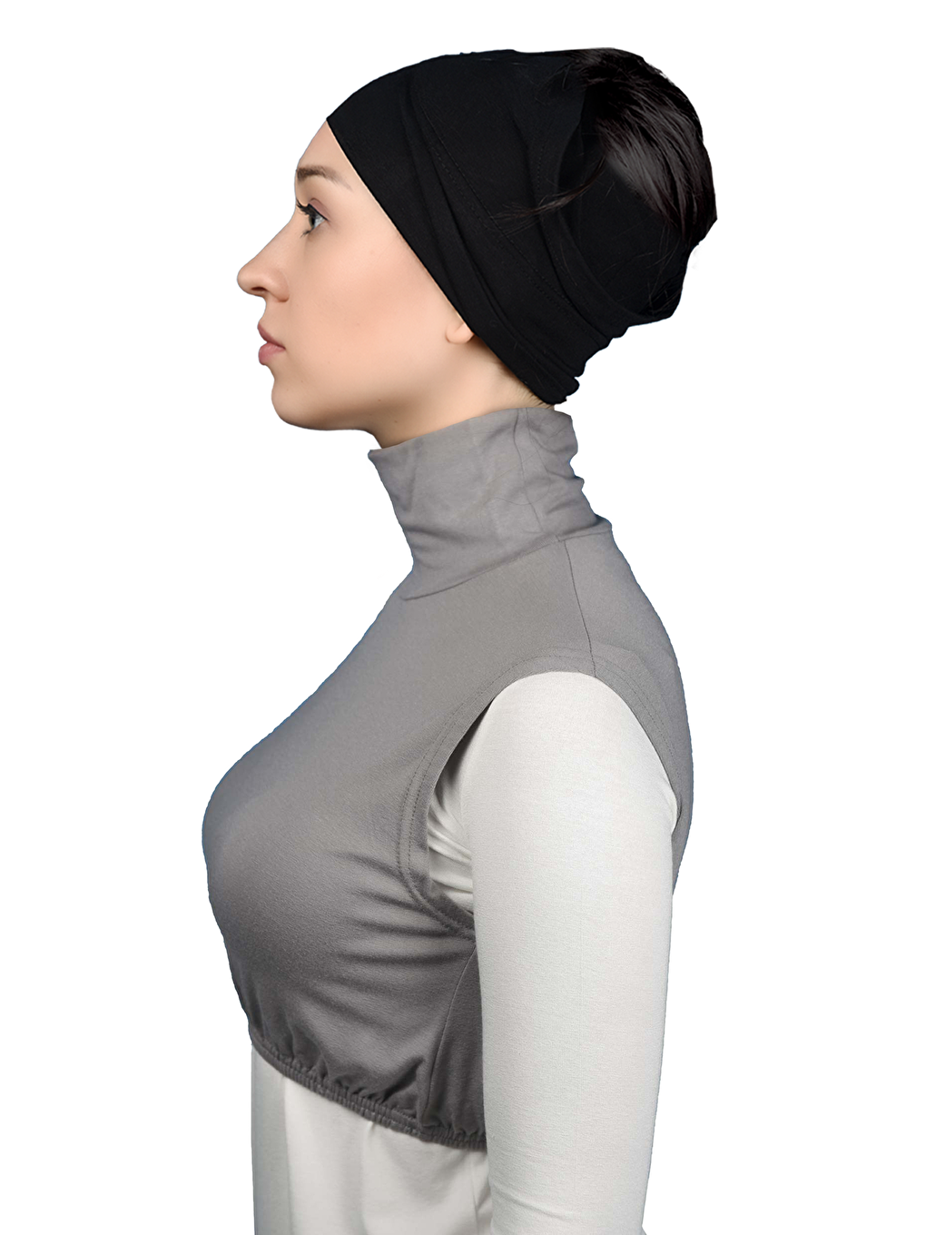 Gri Sıfır Kol Balıkçı Yaka Tam Boğazlı Elastanlı Penye Kadın Yarım Body-2