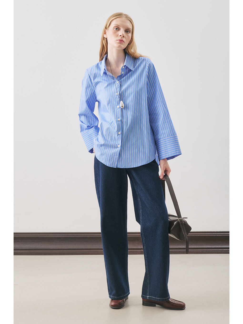 Oversıze Çizgili Gömlek Mavi Çizgi-1