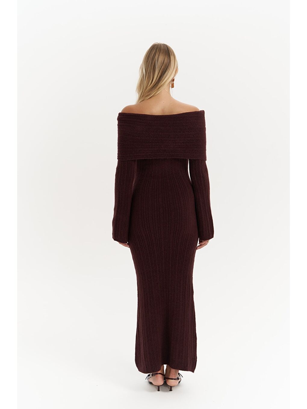 Valencia Carmen Yaka Bordo Uzun Triko Elbise-3