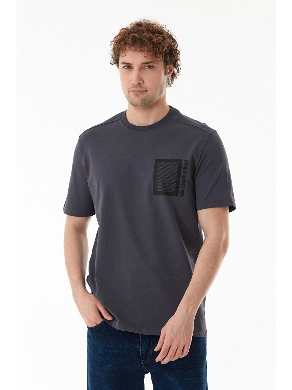 Gri Baskılı Bisiklet Yaka Tişört