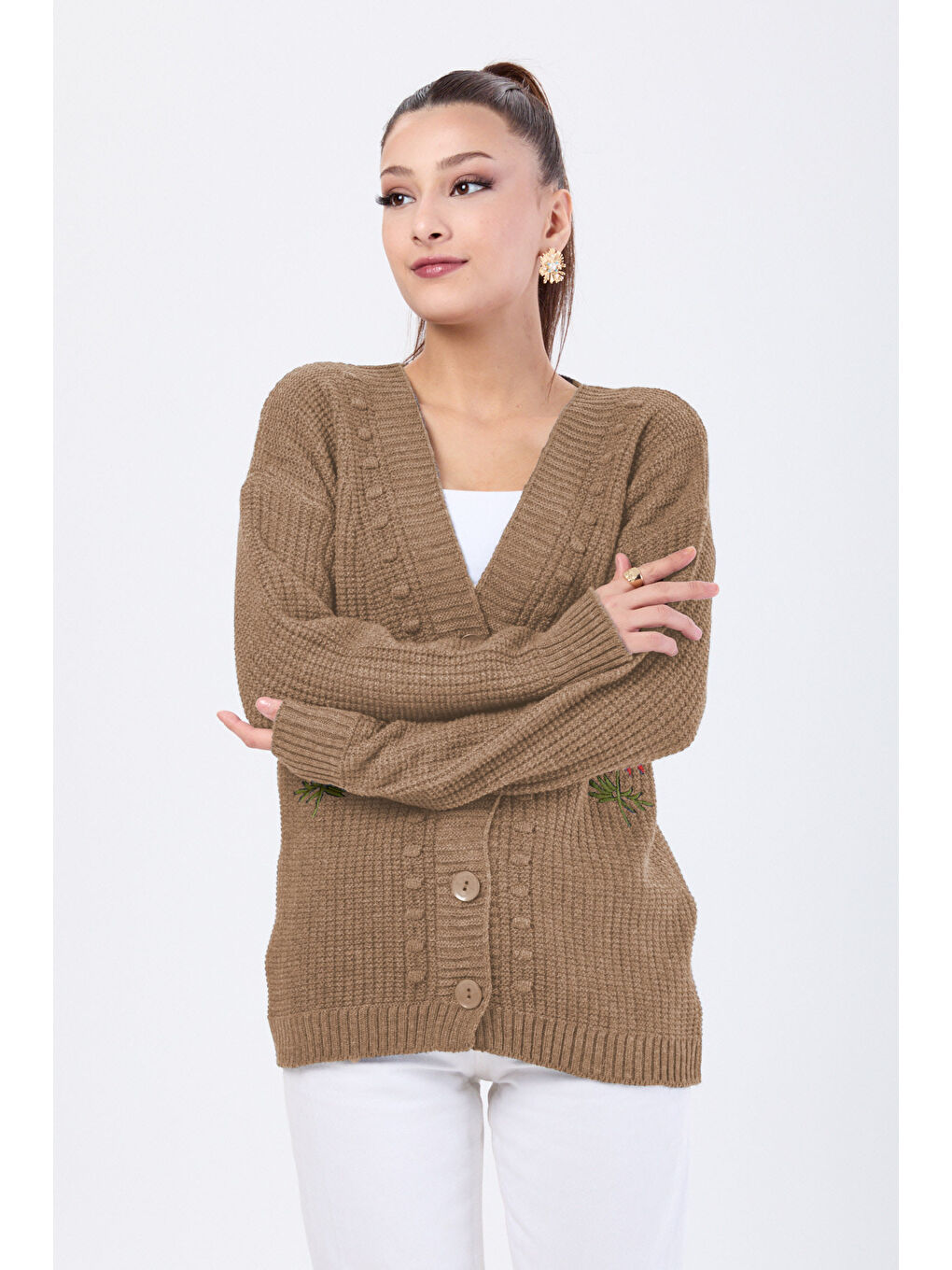 Bej Çiçek Nakış Detaylı Triko Hırka Vizon - 27662-1