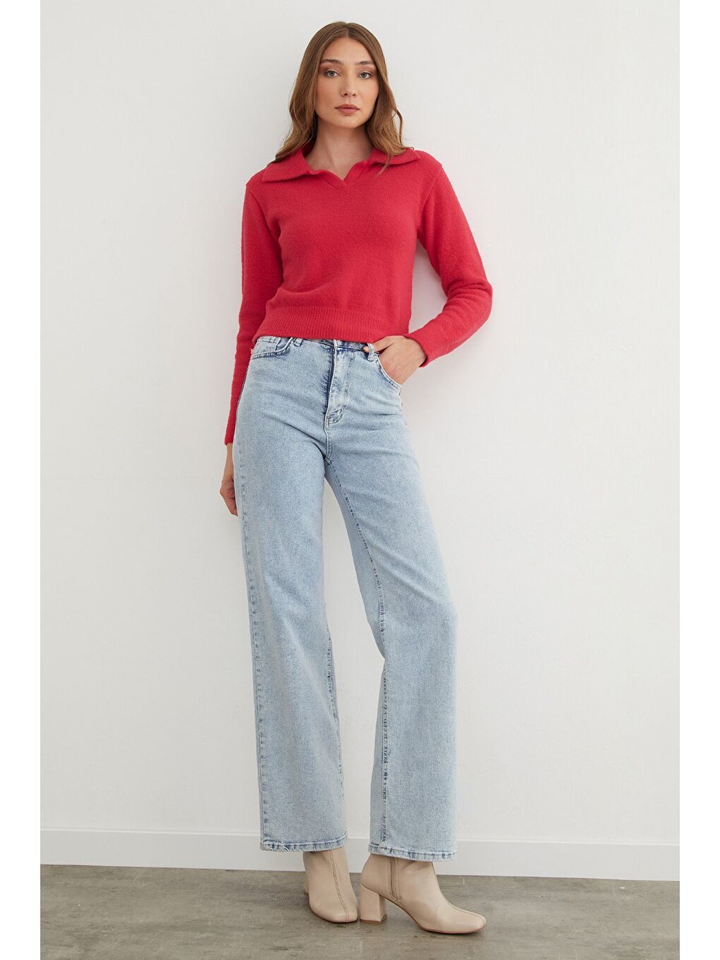 Kırmızı Basic Gömlek Yaka Sakallı Kazak-3