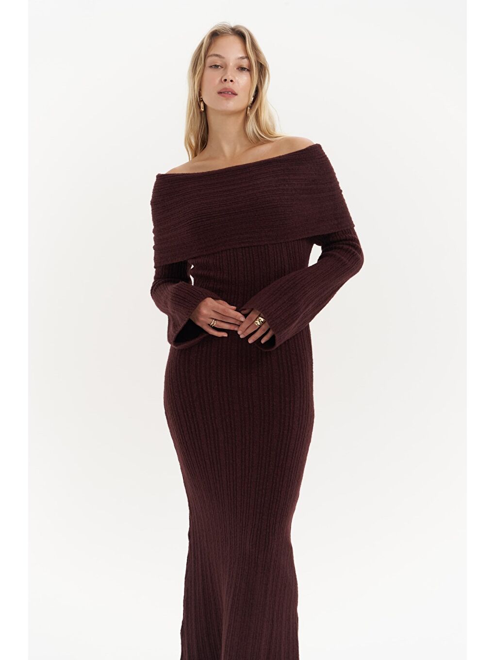 Valencia Carmen Yaka Bordo Uzun Triko Elbise-4