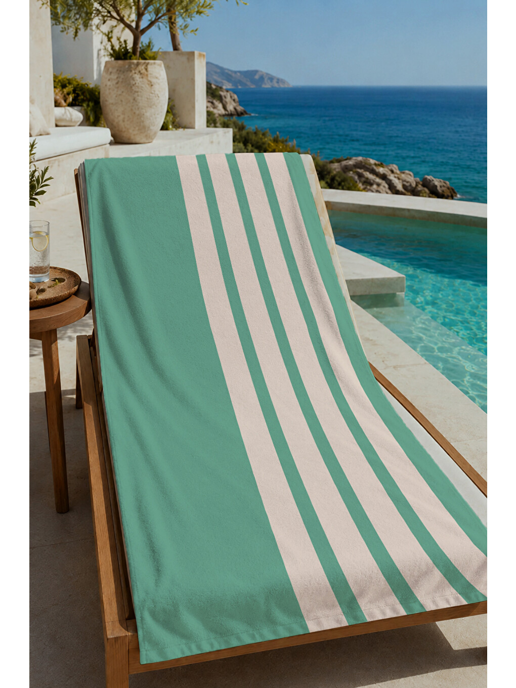 Ekru Mint Krem Kalın Dikey Çizgili 70x150 Cm Dijital Baskılı Plaj Ve Banyo Havlusu
