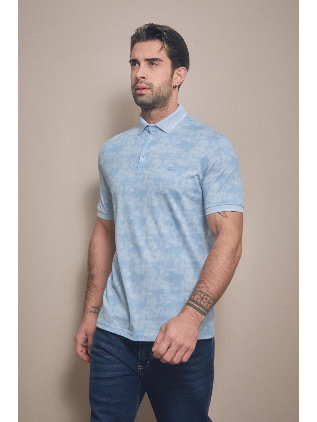 Mavi Baskılı Polo Yaka Tişört-2